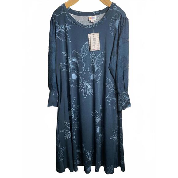 LuLaRoe Dresses & Skirts - LuLaRoe Dress Women's Medium Blue Floral Long Puff Sleeve Winter Holiday New NWT